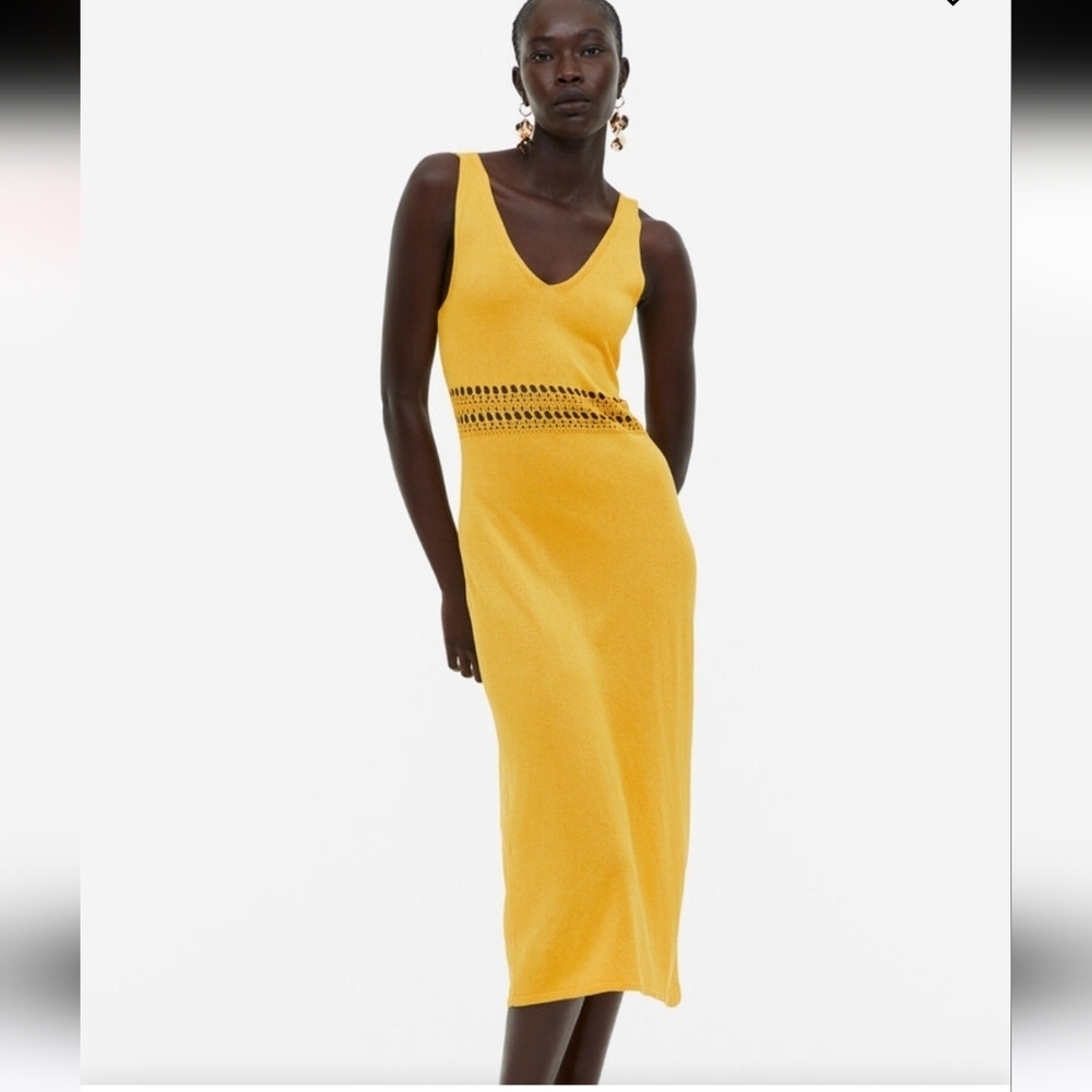 H&M Yellow Knit Midi Dress with Waist Cutout